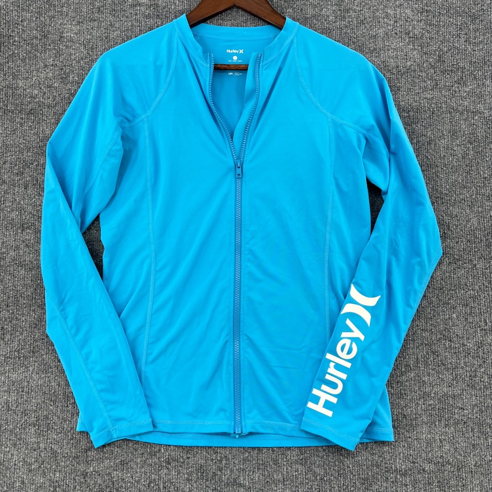 Hurley Rash Guard UPF 50+ Women L Blue Full Zip Long Sleeve Surf Swim Beach